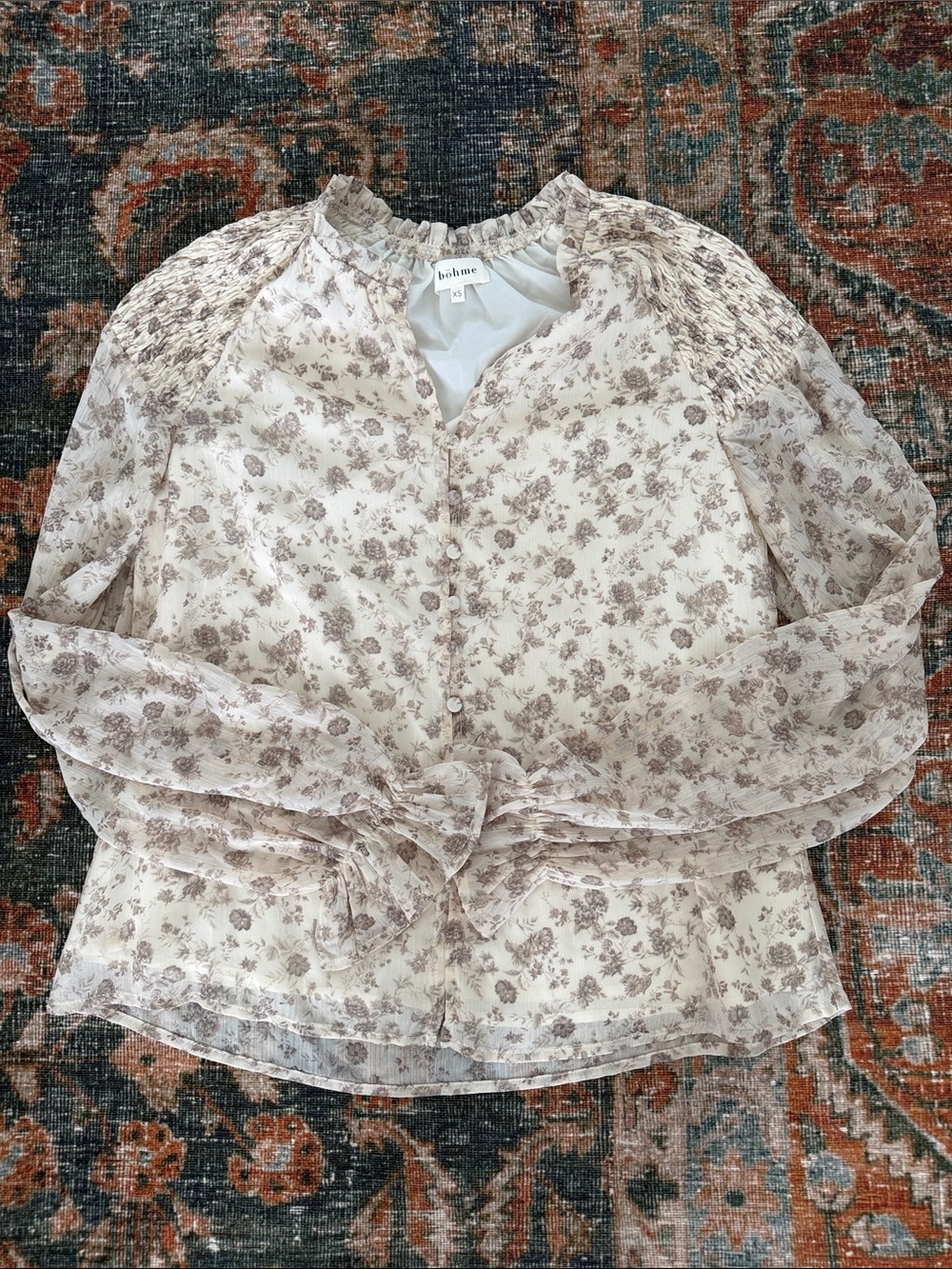Bohme Cream Floral Ruffle-Neck Sheer Blouse